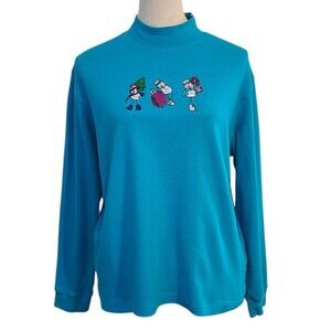 Speculation Petites Sz PL Blue Embroidered Snowmen Festive Christmas Winter Top